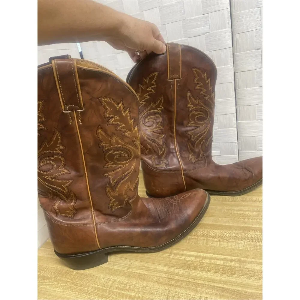 Men’s Cowboy Boots Justin 1560 Sz 12D Chestnut Embroidered Buck Leather Western